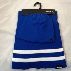 Hurley Hat & Scarf Set Blue White Stripes Beanie Unisex Casual